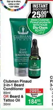 Dis-Chem Clubman Pinuad 2 In 1 Beard Conditioner 89ml Or Beard & Tattoo Oil 30ml-Each offer