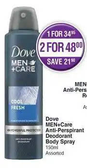 Dis-Chem Dove Men + Care Anti Perspirant Deodorant Body Spray Assorted-For 1 x 150ml offer