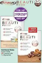 Dis-Chem Futurelife Beauti Food Nutritional Shake French Vanilla Or Caramel Latte Sachets-7x55g offer