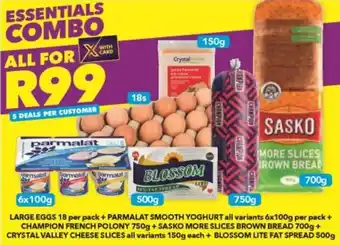 Shoprite Large Eggs 18 per Pack + Parmalat Smooth Yoghurt 6x100g + Champion French Polony 750g+ Sasko More Slices Brown Bread 700g offer