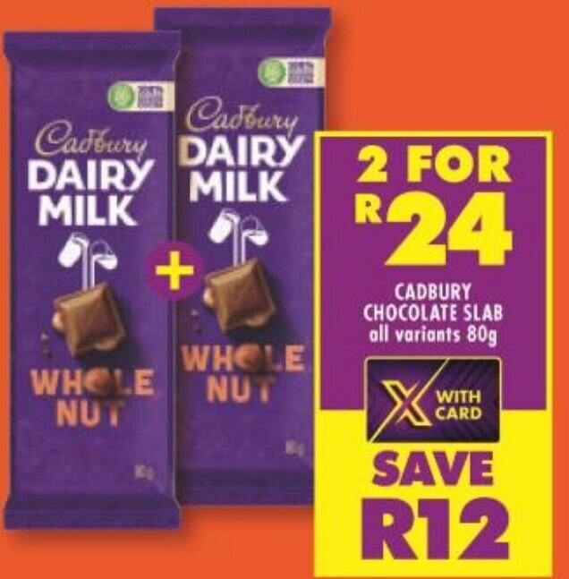 Cadbury Chocolate Slab 2x80g offer at Shoprite