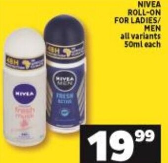 Shoprite Nivea Roll-on For Ladies/Men 50ml offer