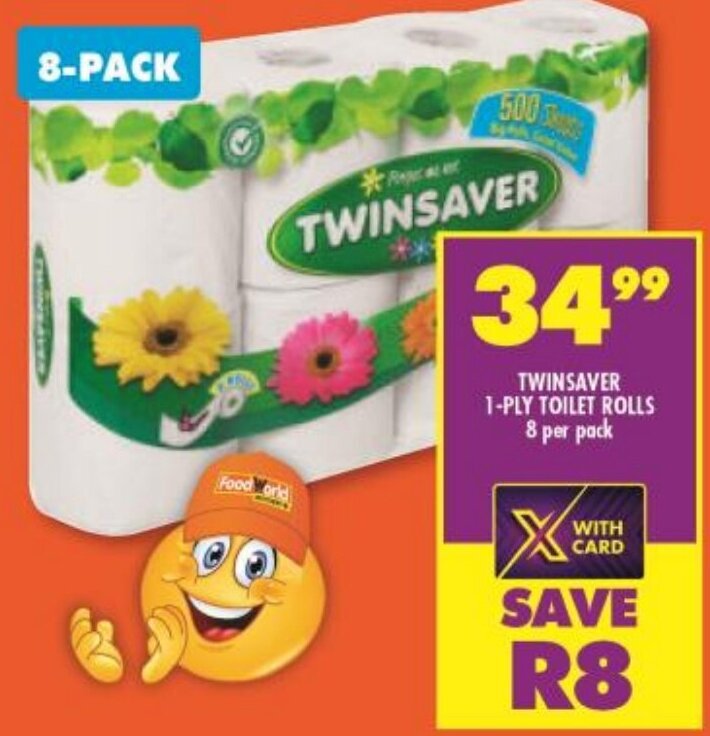 Twinsaver 1Ply Toilet Rolls 8 per Pack offer at Shoprite
