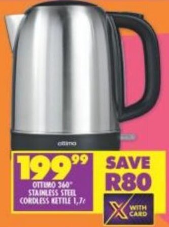 Shoprite Ottimo 360° Stainless Steel Cordless Kettle 1,7L offer