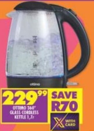 Shoprite Ottimo 360° Glass Cordless Kettle 1,7L offer