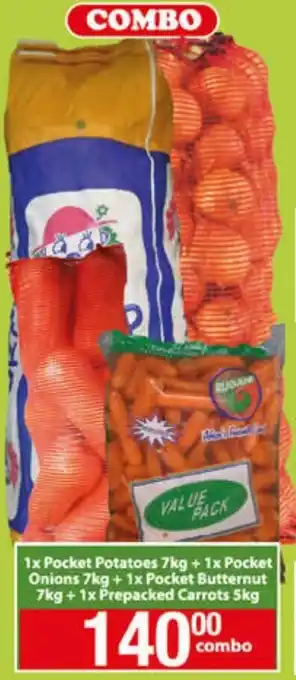 Check Save Pocket Potatoes 7kg + Pocket Onions 7kf + Pocket Butternut 7kg + Prepacked Carrots 5kg offer