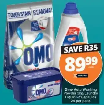 Checkers Omo Auto Washing Powder 3kg /Laundry Liquid 2L/ Capsules 24 per Pack offer