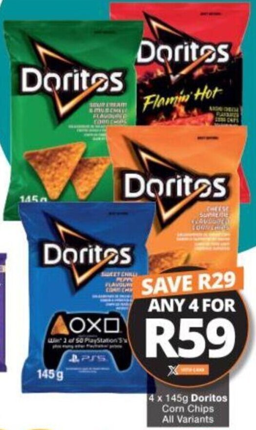 Doritos Corn Chips All Variants 4x145g offer at Checkers
