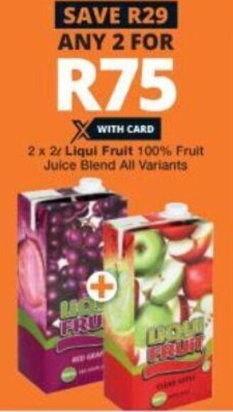 Checkers Liqui Fruit 100% Fruit Juice Blend All Variants 2x2L offer