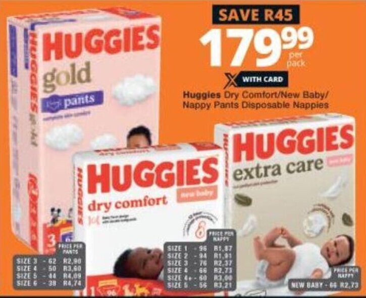 Huggies Dry Comfort/New Baby/Nappy Pants Disposable Nappies offer at