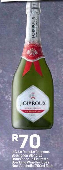 Pick n Pay J.C. Le Roux Le Chanson, Sauvignon Blanc, Le Domaine or La Fleurette Sparkling Wine 750ml offer