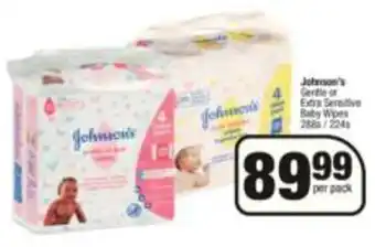 Spar Johnson's Gentle or Extra Sensitive Baby Wipes 288s / 224s per pack offer