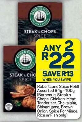 Pick n Pay Robertsons Spice Refill Assorted 64g-100g offer