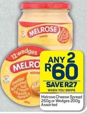 Melrose Cheese Spread 250g or Wedges 200g Assorted
