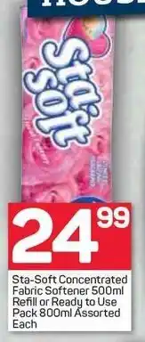 Pick n Pay Sta-Soft Concentrated Fabric Softener 500ml Refill or Ready to Use Pack 800ml Assorted offer