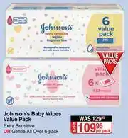 Dis-Chem Johnson's Baby Wipes Value Pack(Extra Sensitive Or Gentle All Over)-6 Pack Per Pack offer