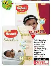Dis-Chem Huggies Gold Nappies Jumbo Pack Or New Baby Extra Care Nappies Jumbo Pack(Size 1 or 2)-Per Pack offer