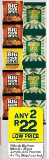 Pick n Pay Willards Big Korn Bites 5 x 25g or Jumpin Popcorn 4 x 14g Strip Assorted offer