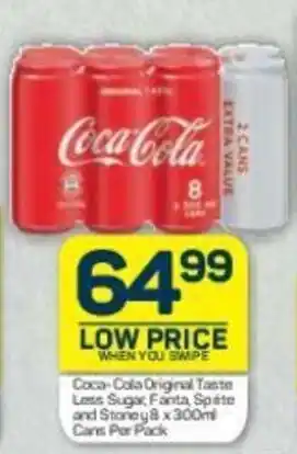 Pick n Pay Coca-Cola Original Taste Less Sugar, Fanta Sprite and Stoney 8 x 300ml Cans Per Pack offer