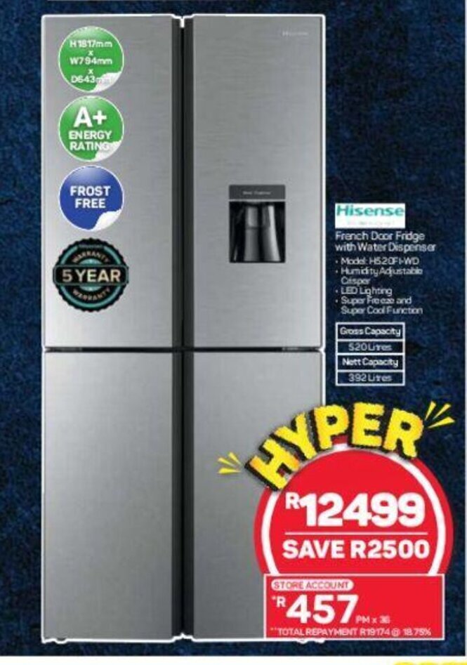 Hisense French Door Fridge with Water Dispenser offer at Pick n Pay