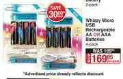 Whizzy Micro USB Rechargeable AA Or AAA Batteries 4 Pack-Per Pack