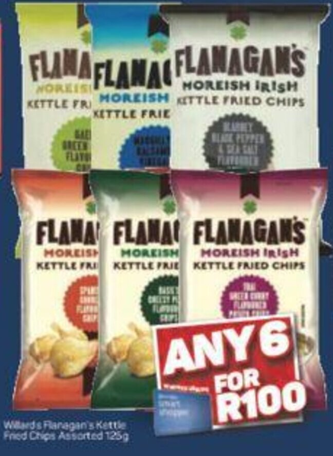 Willards Flanagans Kettle Fried Chips Assorted 125g offer at Pick n Pay