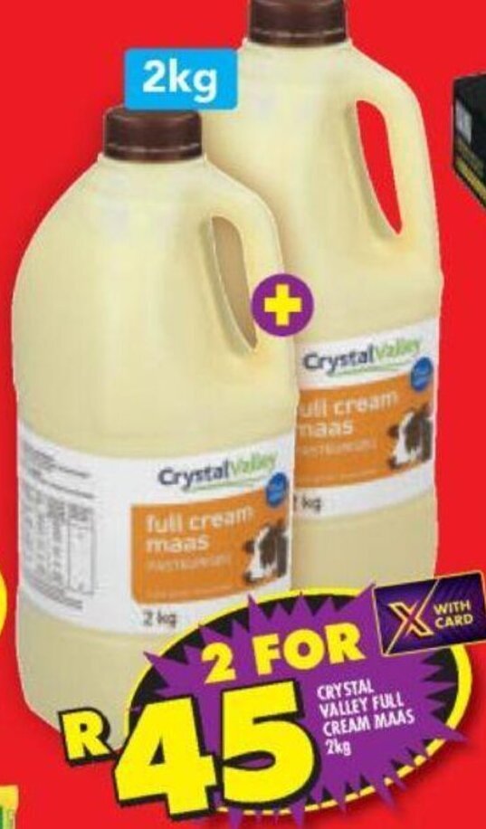 Crystal Valley Full Cream Maas 2kg offer at Shoprite