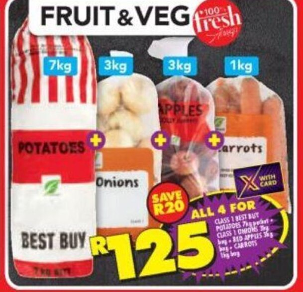 Class 1 Best Buy Potatoes 7kg pocket + Class 1 Onions + Red Apples