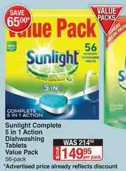 Sunlight Complete 5 In 1 Action Dishwashing Tablets Value Pack 56 Pack-Per Pack