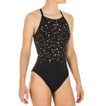Girls' swimming one-piece swimsuit jade star - black