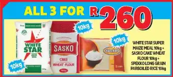 Usave Whitestar Super Maize Meal 10kg + Sasko Cake Wheat Flour 10kg + Spekko Long Grain Parboiled Rice 10kg offer
