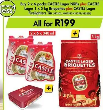 Makro Castle Lager NRBs 2 x 6pcks + Castle Lager 1 x 5kg Briquettes + Castle Lager Firelighter Tin offer