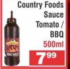 Advance Cash n Carry Country Foods Sauce Tomato / BBQ 500 ml offer