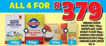 Usave Ubrand Super White Maize Meal 10kg +Snowflake Cake Wheat Flour 10kg +Spekko Long Grain Parboiled Rice +Ubrand Sunflower Oil offer