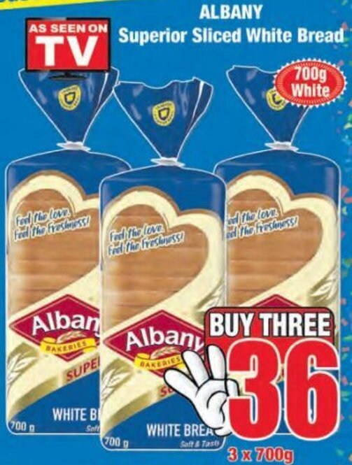 Albany Superior Sliced White Bread 3x700g offer at Boxer