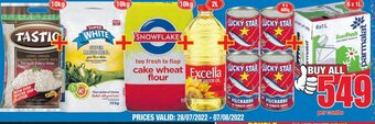 Boxer Tastic Long Grain Parboiled White Rice 10kg + Super White Super Maize Meal 10kg + Snowflake Cake Wheat Flour 10kg offer