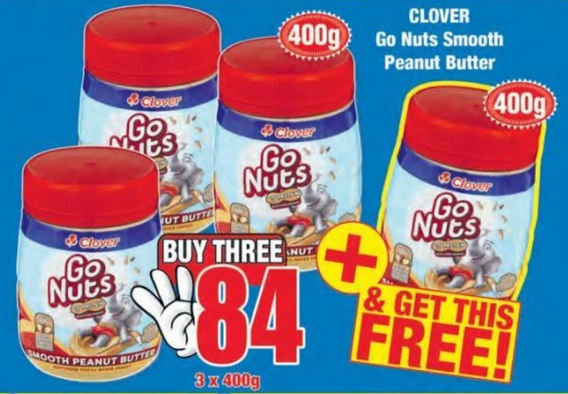 Clover Go Nuts Smooth Peanut Butter 3x400g offer at Boxer