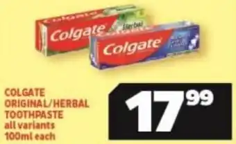 Usave Colgate Original / Herbal Toothpaste all variants 100ml each offer
