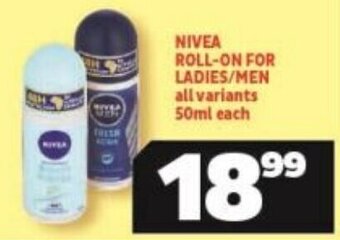 Usave Nivea Roll-On for Ladies / Men all variants 50ml each offer