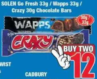 Boxer Solen Go Fresh 33g/ Wapps 33g/Crazy 30g Chocolate Bars offer