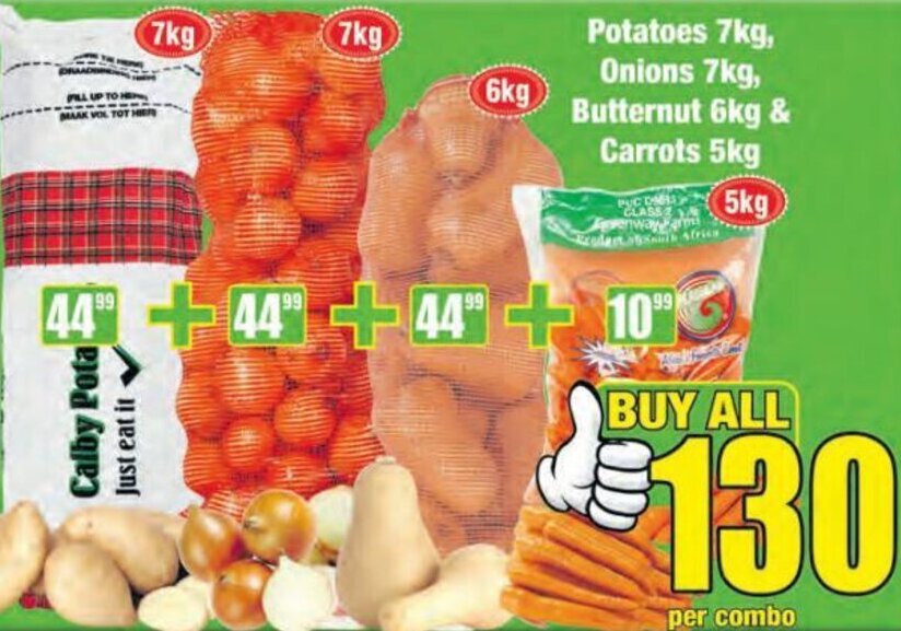 Potatoes 7kg, Onions 7kg, Butternut 6kg & Carrots 5kg offer at Boxer