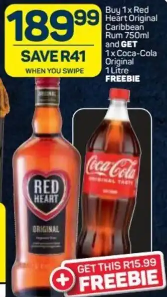 Pick n Pay Buy 1 Red Heart Original Caribbean Rum 750ml and Get 1 x Coca-Cola Original 1 litre offer