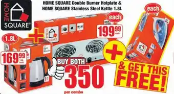 Boxer Home Square Double Burner Hotplate & Home Square Stainless Steel Kettle 1,8L offer