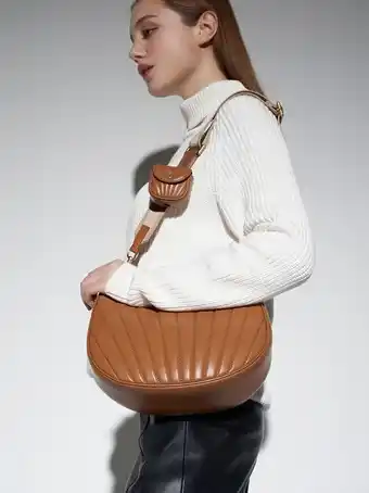 Charles & Keith Aurora chain handle pleated moon bag - tan offer