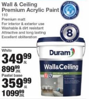 Mica Duram Wall & Ceiling Premium Acrylic Paint White 5L offer