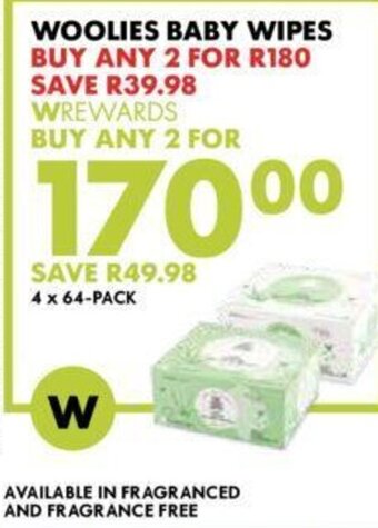 Woolworths Woolies Baby Wipes 4 x 64-Pack offer