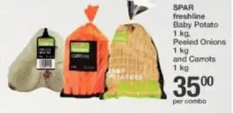 Spar SPAR Freshline Baby Potato 1kg, Peeled Onions 1kg and Carrots 1kg offer