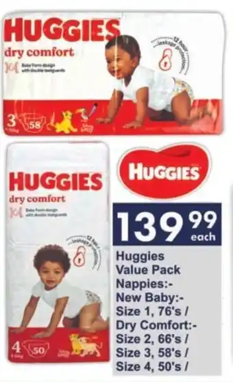 President Hyper Huggies Value Pack Nappies New Baby 1, 76's / Dry Comfort 2, 66's / 3, 58's / 4, 50's offer