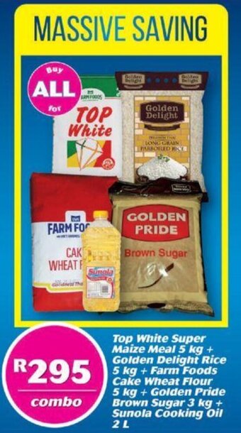 Top White Super Maize Meal+ Golden Delight Rice + Farm Foods Cake Wheat Flour+ Golden Pride Brown Sugar+Sunola Cooking Oil 2L