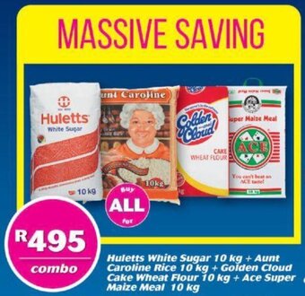 Hullets White Sugar 10kg + Aunt Caroline Rice 10kg + Golden Cloud Cake Wheat Flour 10kg + Ace Super Maize Meal 10kg